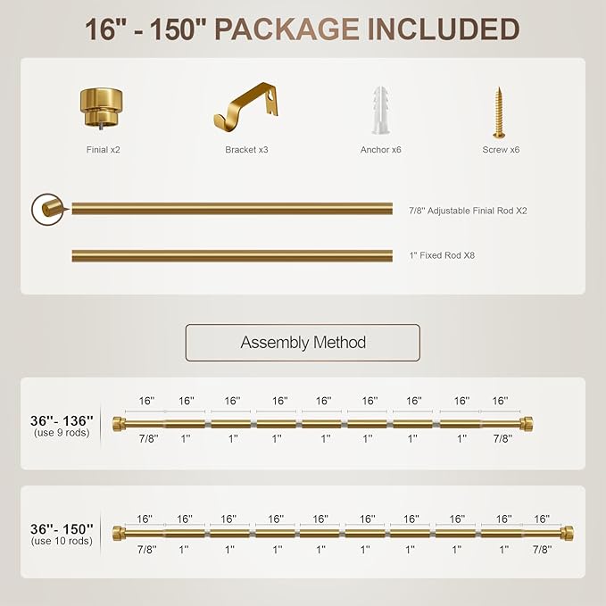 Modern Gold Curtain Rods for Windows 72 to 144 Inches Adjustable Length Heavy - Image 9