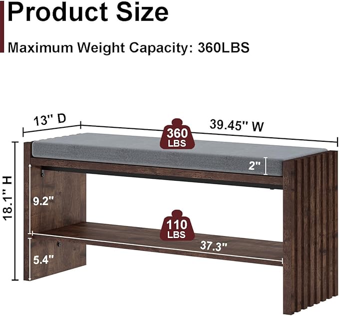 BON AUGURE Entryway Bench with Shoe Storage, 2-Tier Shoe Rack Bench with Cushion - Image 2