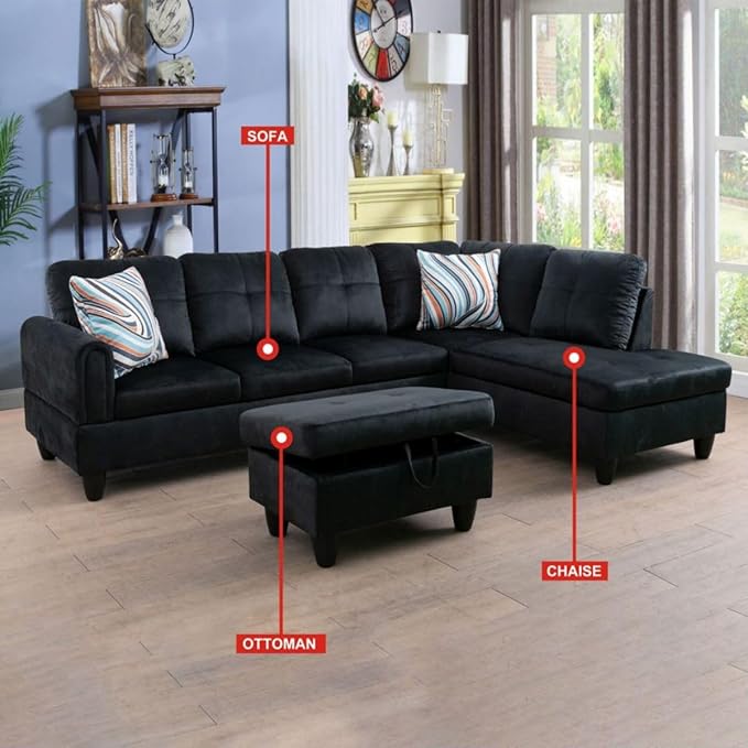 Black L-Shaped 3-Piece Flannel Sofa - Image 3