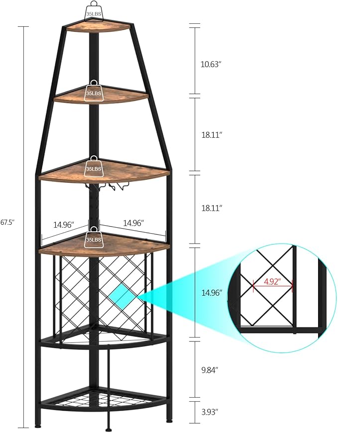 5-Tier Corner Wine Rack with LED Light Floor Standing Wine Rack with Glass - Image 5