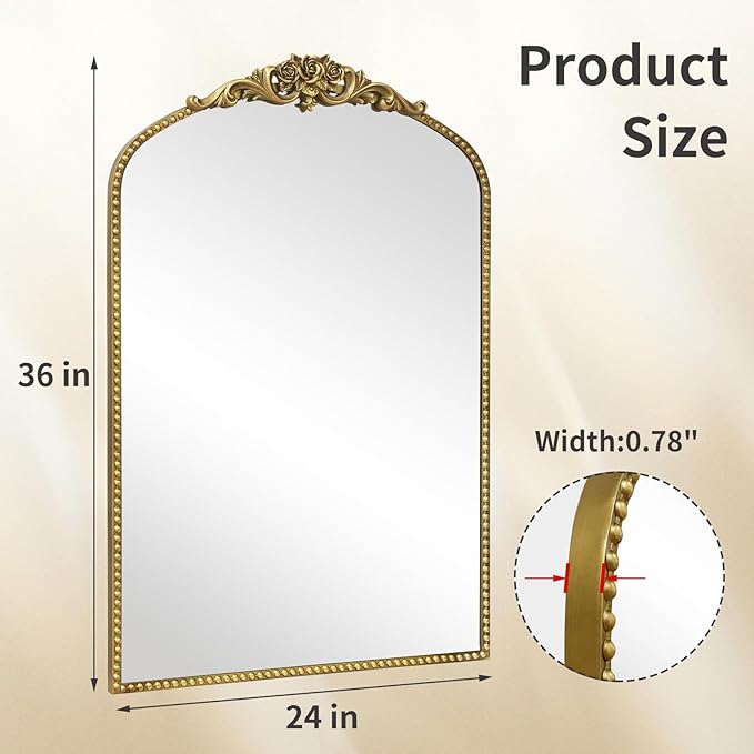 AIXI HOME Vintage Gold Arched Mirror 24"x36", Traditional Arendahl Antique - Image 4