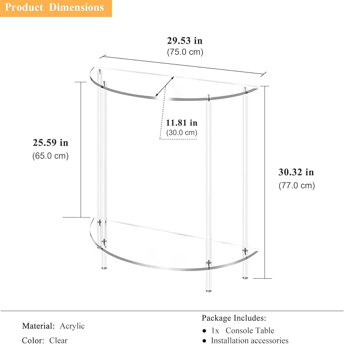 Acrylic Console Table, 2-Tier Half Moon Sofa Couch Table - Image 3