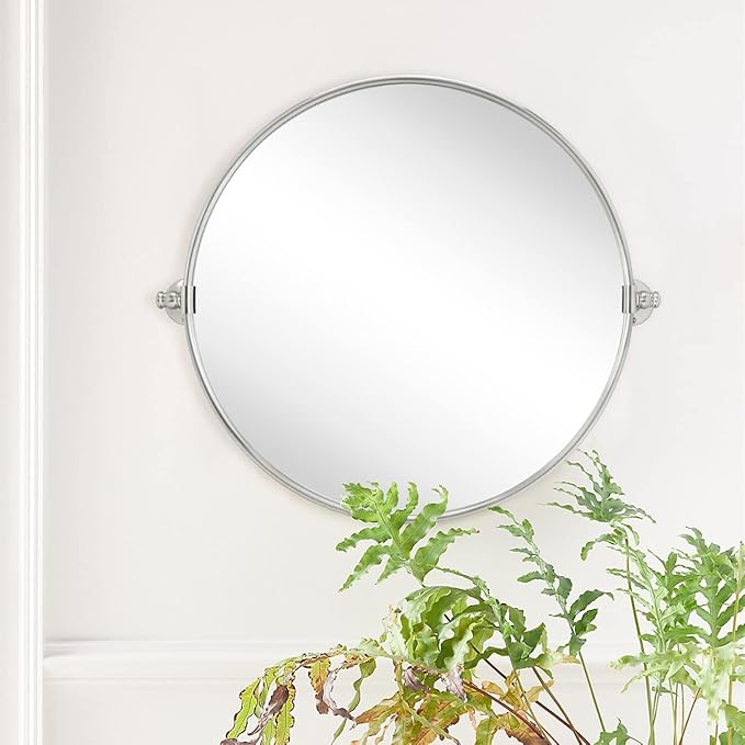 TEHOME Round Pivot Bathroom Mirror Brushed Nickel Circle Metal Framed Tilting - Image 3