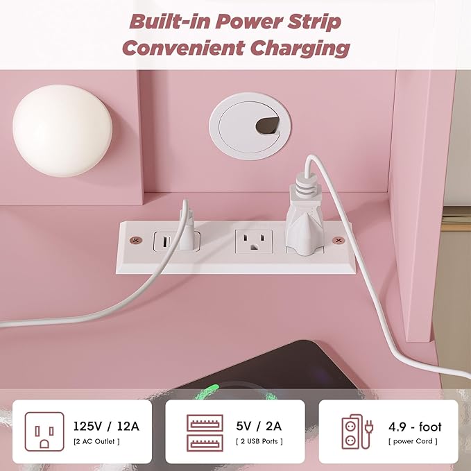 Vabches Vanity Desk with Lights, Makeup Vanity with Power Strip, Dressing Table - Image 4