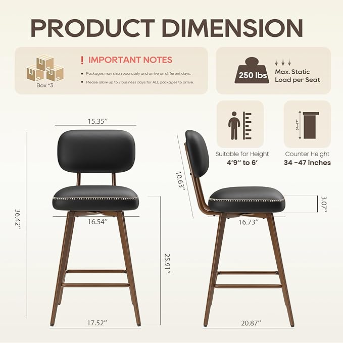 Swivel Bar Stools Set of 6, Mid Century PU Leather Counter Height Bar Chairs - Image 2