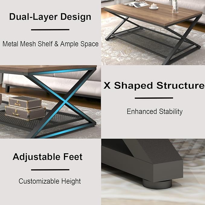 LVB Wood Coffee Table, Metal Wooden Living Room Table - Image 5