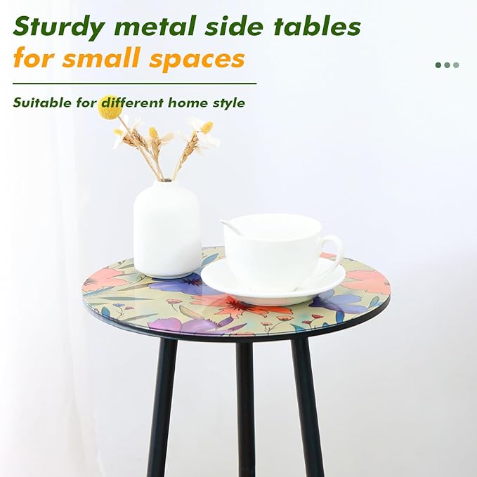 2 Packs Metal Floral Round Side Table 13.2" Small Outdoor Patio Round Accent - Image 4