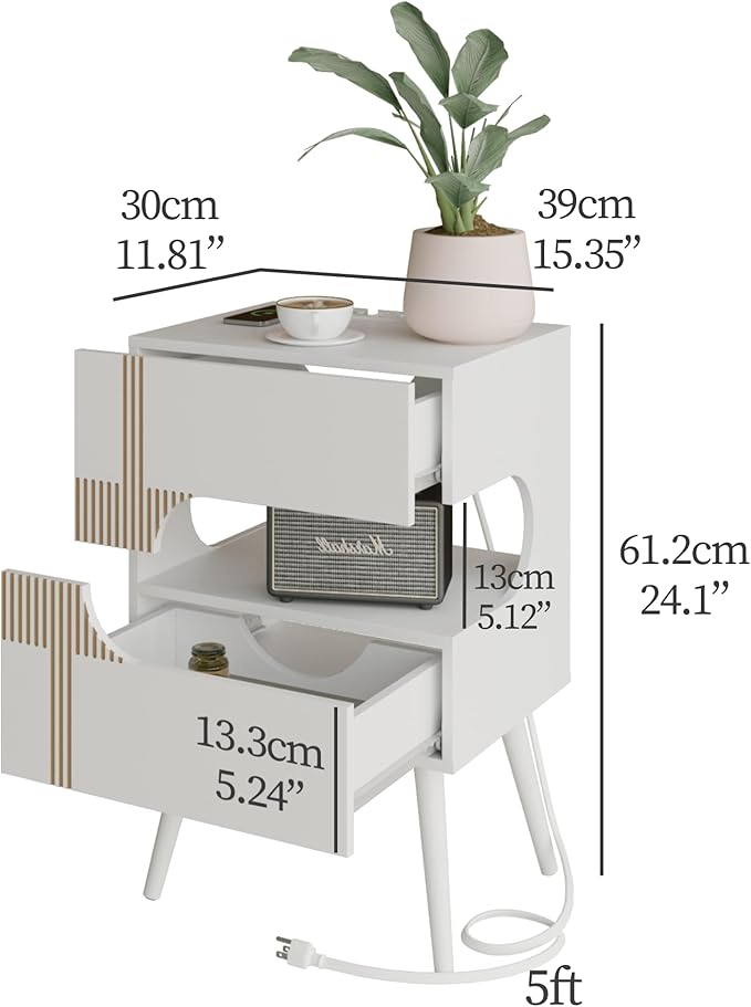 White Nightstand with Charging Station and LED Lights, Modern Bedside Table - Image 2