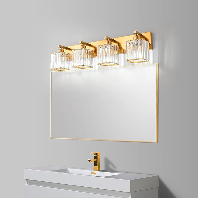Modern Vanity Light 4-Lights Modern Gold Brushed Brass Finish Crystal Wall - Image 3