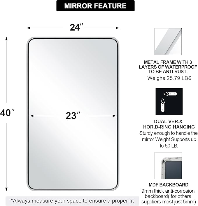 ANDY STAR Chrome Mirrors for Bathroom, 24x40’’ Chrome Rounded Rectangle Mirror - Image 2
