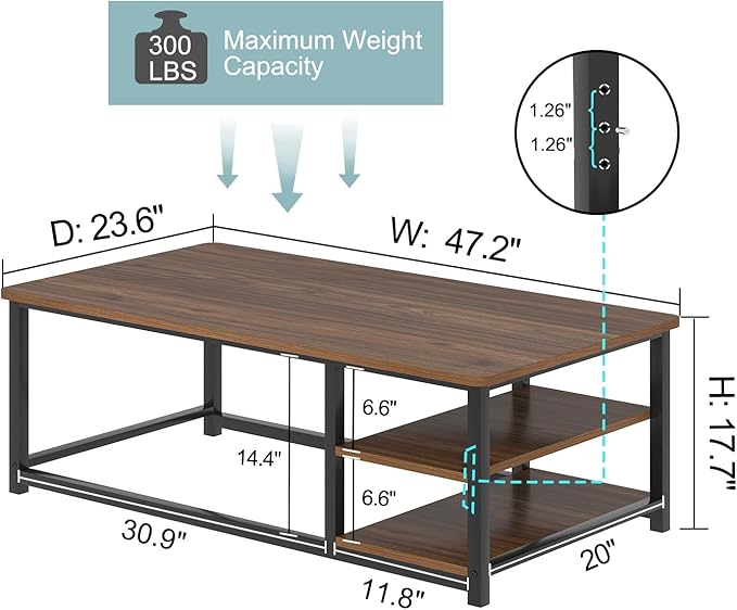 EXCEFUR Modern Coffee Table, Rustic Wood and Metal Center Table - Image 2