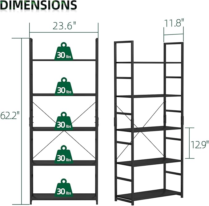OTK 5 Tier Bookshelf, Tall Bookcase, Office Shelf Storage Organizer, Modern - Image 3