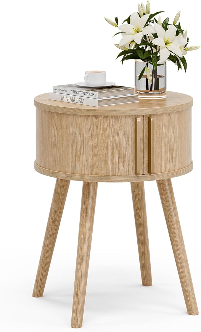 Side Table with Sliding Door & Cabinet, End Table by ZttRiee