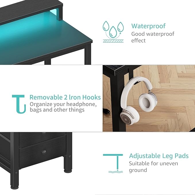 Lufeiya Gaming Desk with LED Lights and Power Outlets, 47 inch Computer Desk - Image 9