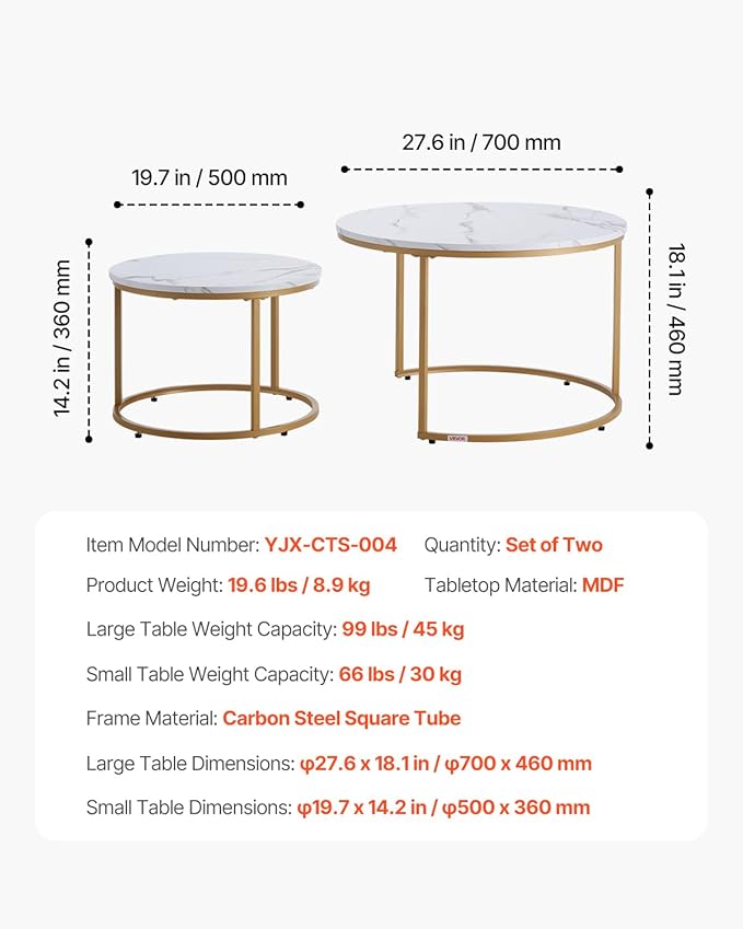 VEVOR Nesting Tables, Coffee Table Set of 2, 27.6 inch Round Coffee Table - Image 3