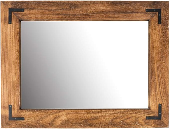 YOSHOOT Rustic Wooden Framed Wall Mirror, Natural Wood Bathroom Vanity Mirror - Image 2