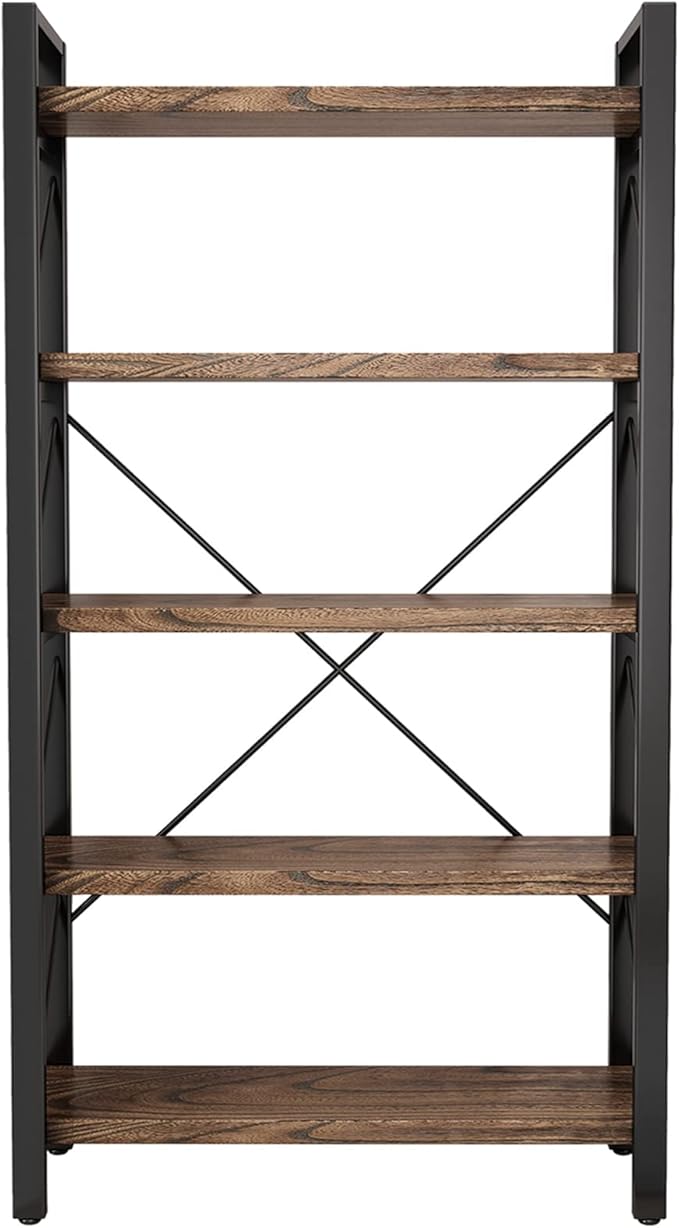 5 Tier Bookshelf Rustic Solid Wood Industrial Style Bookcase, Metal and Real - Image 7