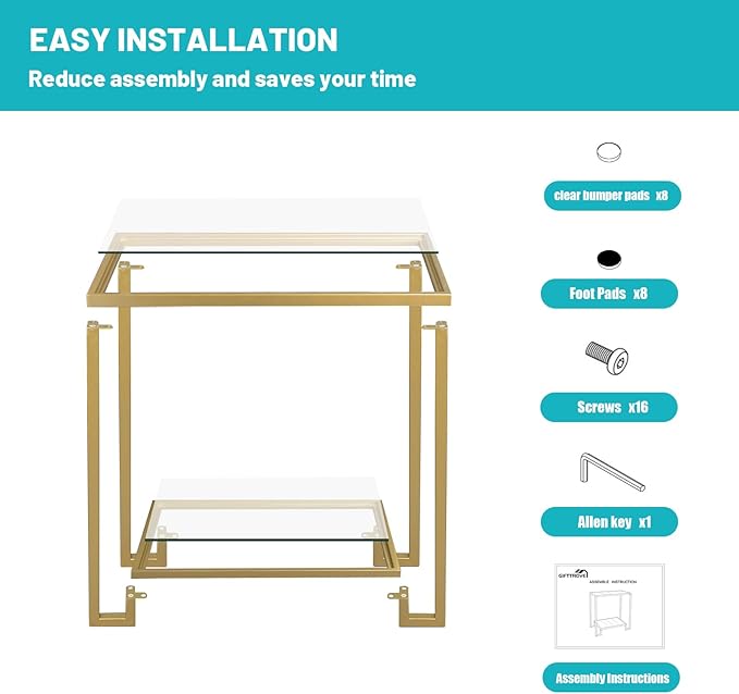 2 Tier Rectangular Side Table, Modern Metal Clear Coffee Table，Small Accent - Image 4
