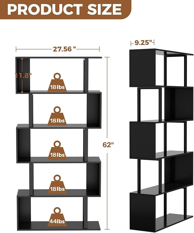 Gadroad 5-Tier Geometric Bookcase, S Shaped Bookshelf, Wood Decorative Storage - Image 3