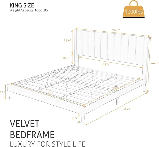 SHA CERLIN King Bed Frame/Velvet Upholstered Platform Bed Frame - Image 2