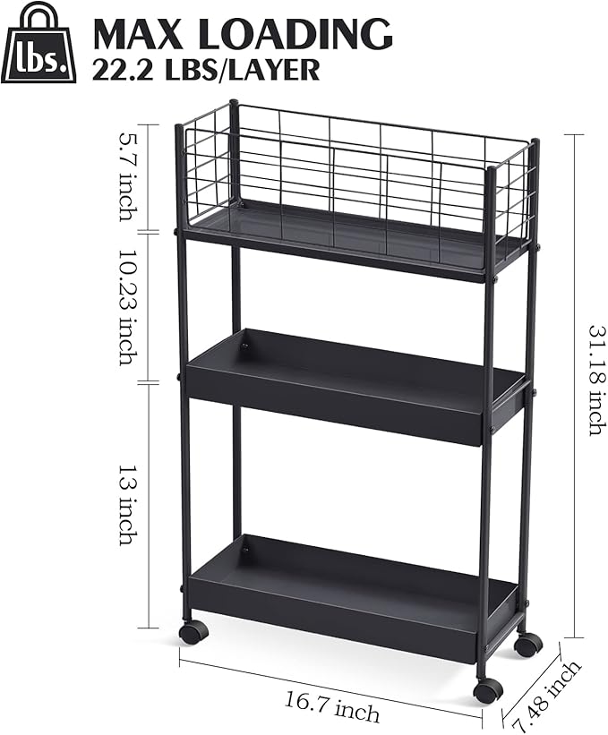 KINGRACK 3-Tier Metal Rolling Cart, Slim Storage Cart, Mobile Shelving Unit - Image 2