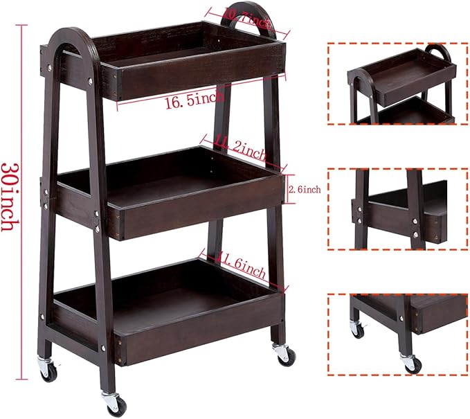 3 Tier Rolling Craft Cart Slim Rolling Storage Cart Wooden Cart on Wheels - Image 2