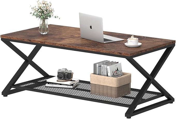 LVB Rustic Coffee Table, Industrial Metal Wood 2 Tier Cocktail Tea Table - Image 8