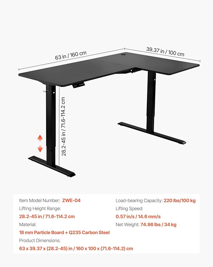 VEVOR Electric L Shaped Standing Desk 63"x39", 3 Memory Height Adjustable - Image 3