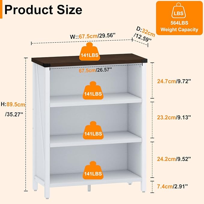 BON AUGURE Small Bookshelf for Small Space, 3 Tier Bookcase, Farmhouse Wood Low - Image 2