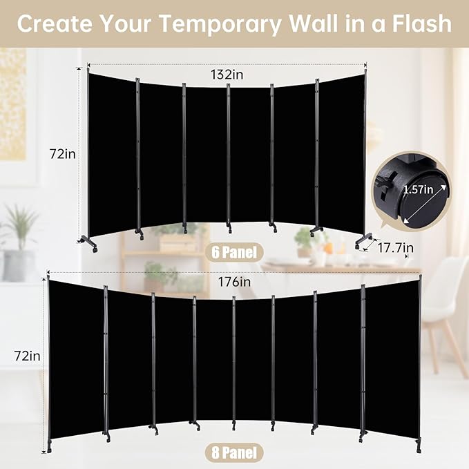 Room Divider 6 Panel Room Dividers/Wheels, Fabric Room Divider Panel - Image 6