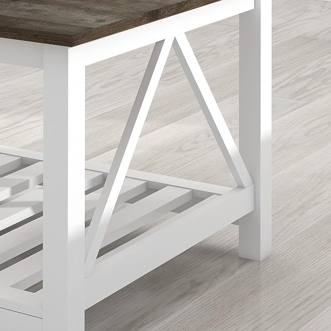 Farmhouse Coffee Table, 2-Tier Rectangular Wooden Centre Cocktail Table - Image 6