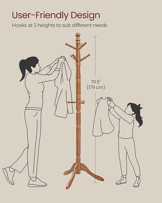 VASAGLE Solid Wood Coat Rack and Stand, Free Standing Hall Coat Tree - Image 5