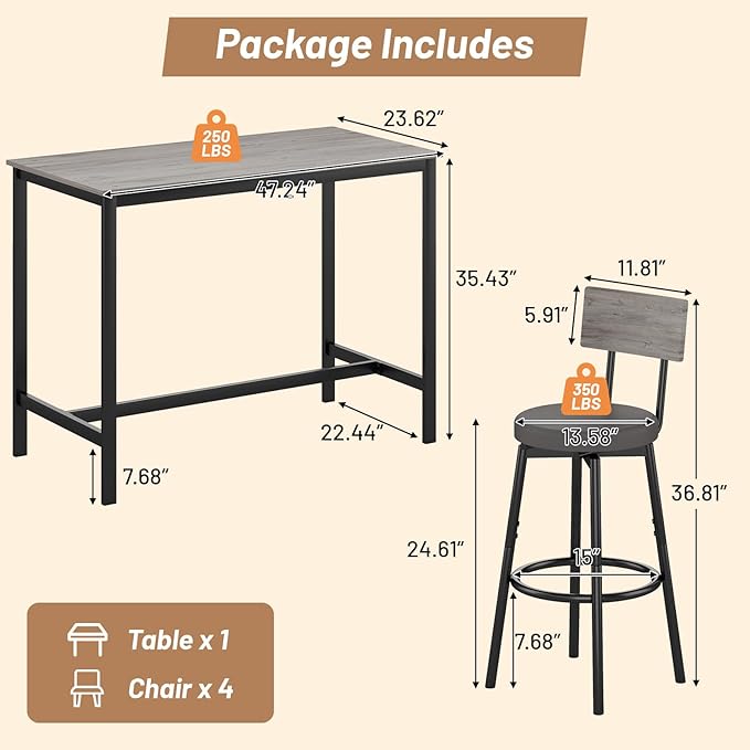 Dining Table Set for 4, 5-Piece Bar Table Set, Kitchen Table and Chairs - Image 2