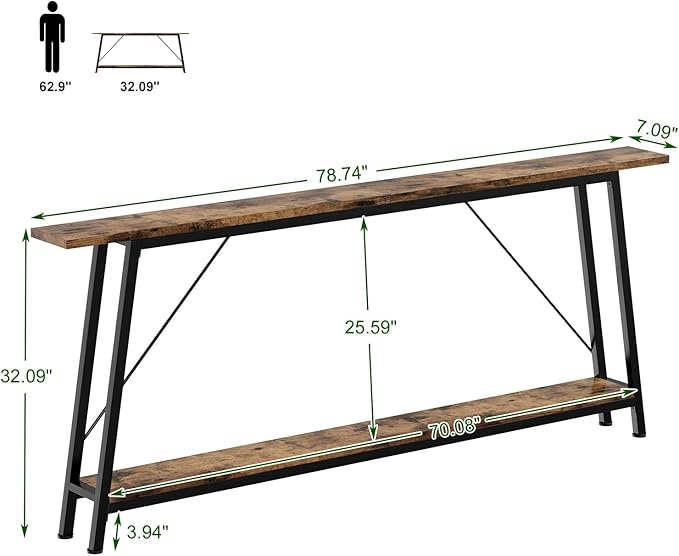IBUYKE 78.7 Inches Extra Long Sofa Table Behind Couch, Industrial 2-Layer - Image 3