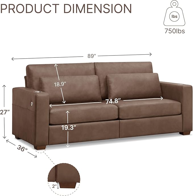 89" Sofa Couch for Living Room Faux Leather Upholstered Couch - Image 2