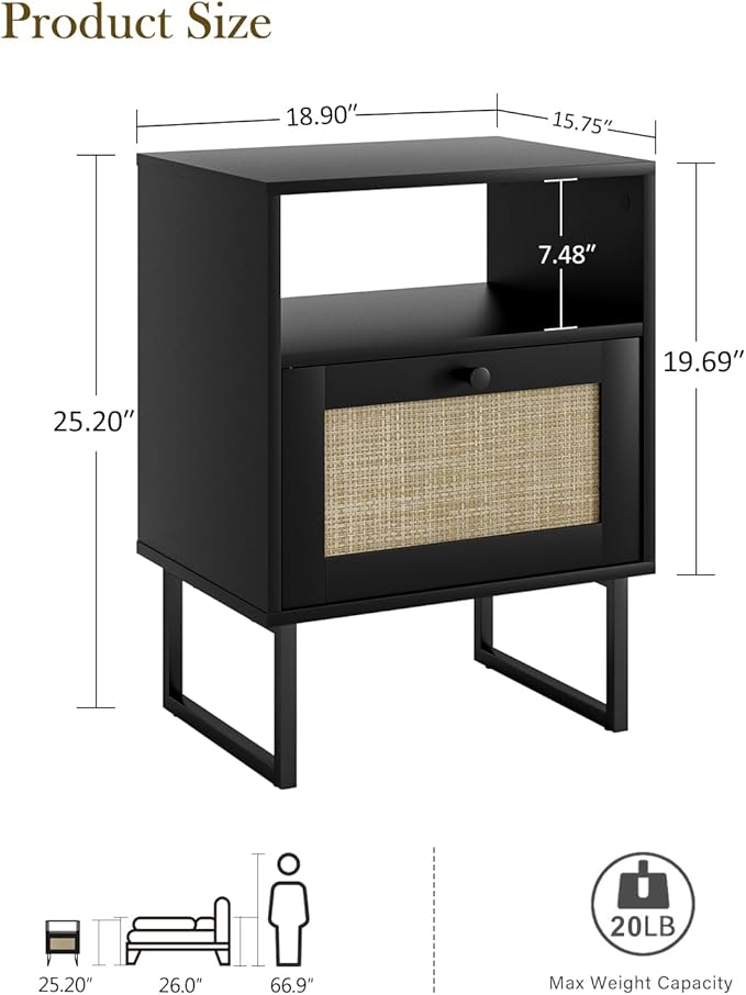 Rattan Nightstand, Mid Century Modern Night Stand, Boho Farmhouse Wood Bedside - Image 2