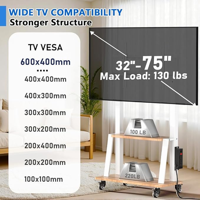 Mobile TV Stand with Power Outlet, Wood Shelf Portable TV Stand on Wheels - Image 3