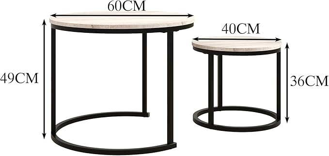 Round Coffee Table Set of 2 for Living Room, Nesting Tables Metal Frame/Wood - Image 2