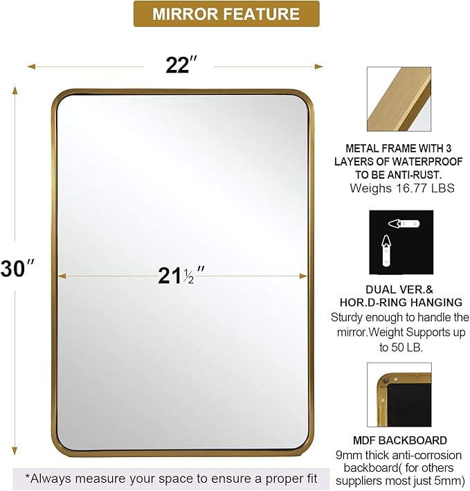 ANDY STAR Brass Mirror Bathroom, 22x30’’ Rounded Rectangle Mirror, Brushed Gold - Image 2