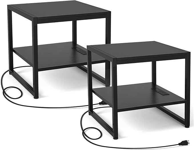 Homieasy End Table with Charging Station, 20 Inch Mini Fridge Stand with 2-Tier by Homieasy