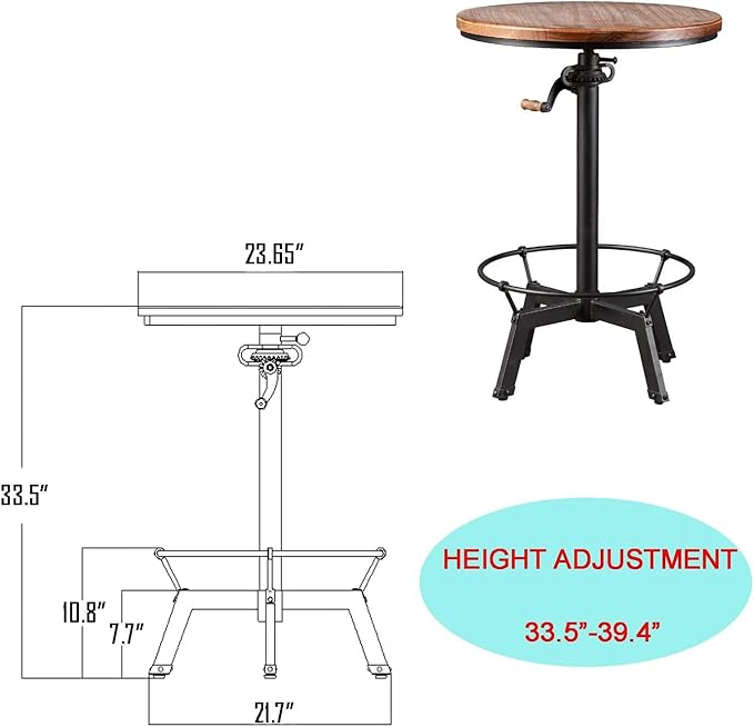 Diwhy Pub Set Industrial Style Adjustable Height 33.5-39.4in Dining Table Dia - Image 2