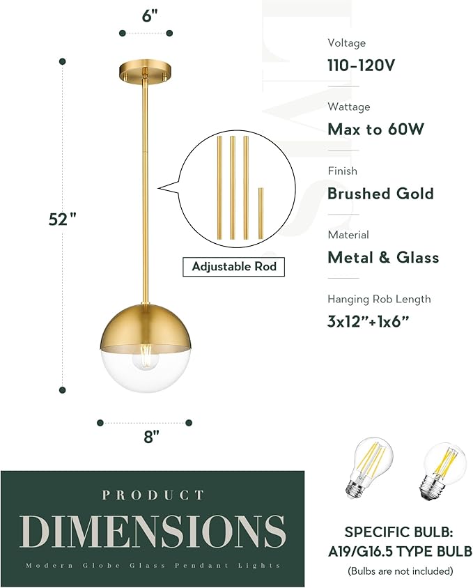 LMS Mid Century Pendant Light Fixtures, Brushed Gold Farmhouse Pendant Light - Image 2