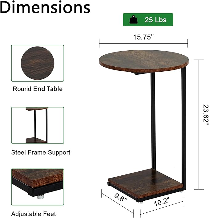HDANI C Table End Table Set of 2, Round Side Table That Slide Under, C Shaped - Image 3