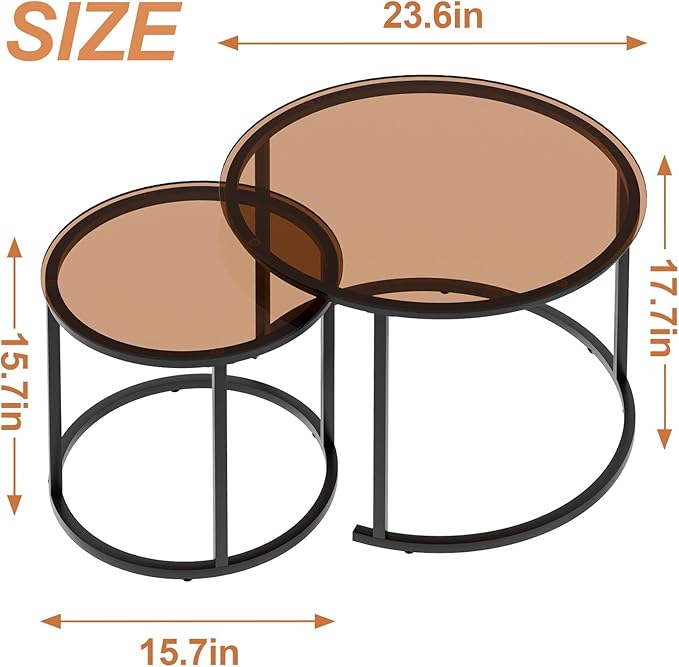 aboxoo Nesting Coffee Table Set of 2, Small Round Glass Nesting Tables - Image 3