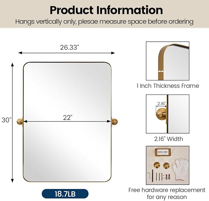 MOON MIRROR Brushed Gold Pivot Mirror, Brass Tilt Vanity Rectangle - Image 3