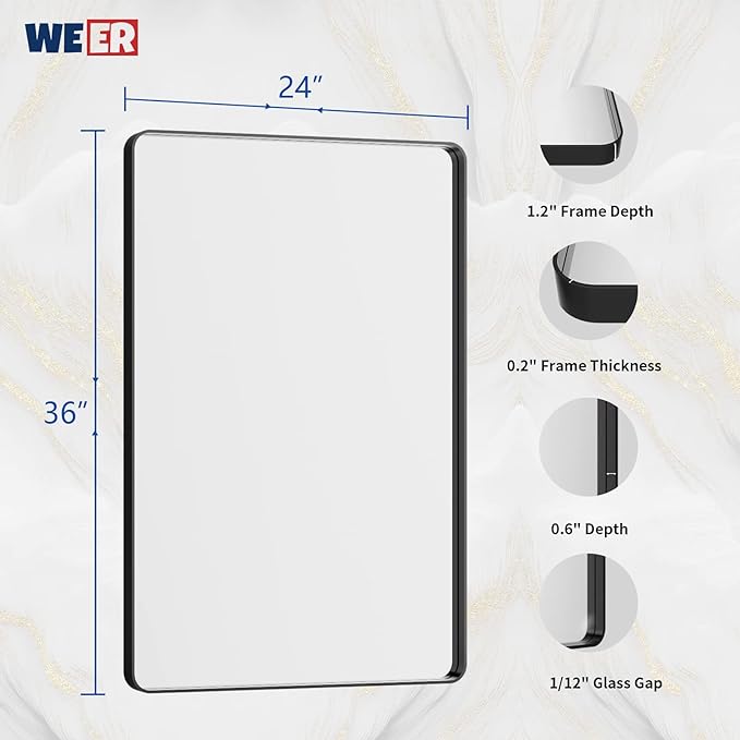 WEER Black Framed Bathroom Mirror, 24X36 Inch Rounded Rectangle Black Bathroom - Image 6