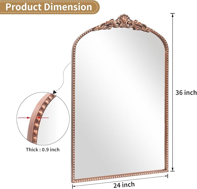 G-LEAF Vintage Baroque Mirror 24"X36", Arched Mantel Victorian Antique - Image 5