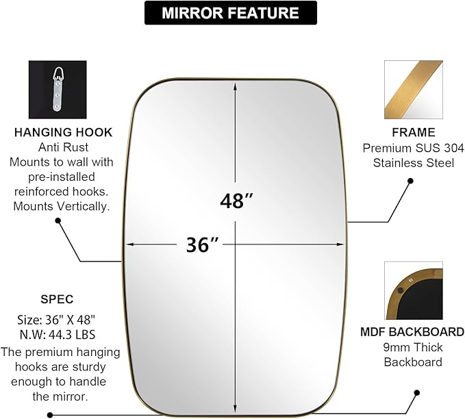 ANDY STAR Gold Oblong Mirror, 36x48 Inch Gold Oval Mirror - Image 3