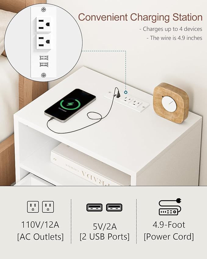 Masupu Nightstand with Charging Station, Mid-Century Modern Bedside Table with - Image 3
