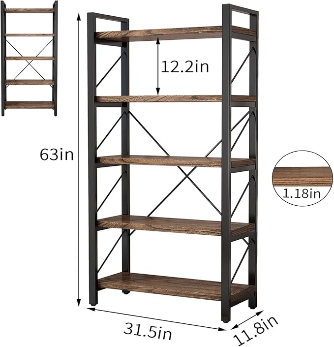 5 Tier Bookshelf Rustic Solid Wood Industrial Style Bookcase, Metal and Real - Image 2